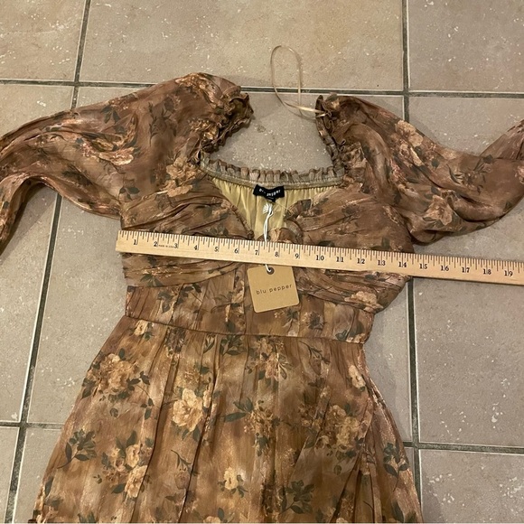 NEW Blu Pepper Sweetheart Neck Brown Watercolor Floral Ruffle Hem Dress Size S - Picture 7 of 8